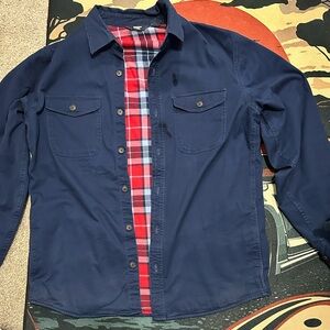 Lands' End Navy Button-Down Shirt with Red Plaid Lining
